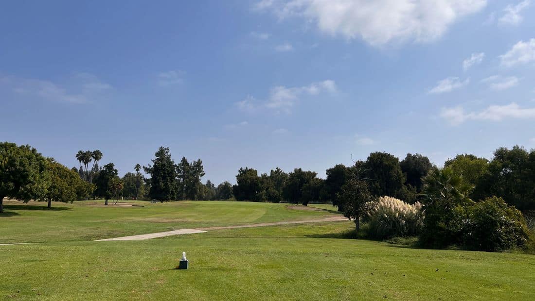 Aerial view of a public golf course fairway